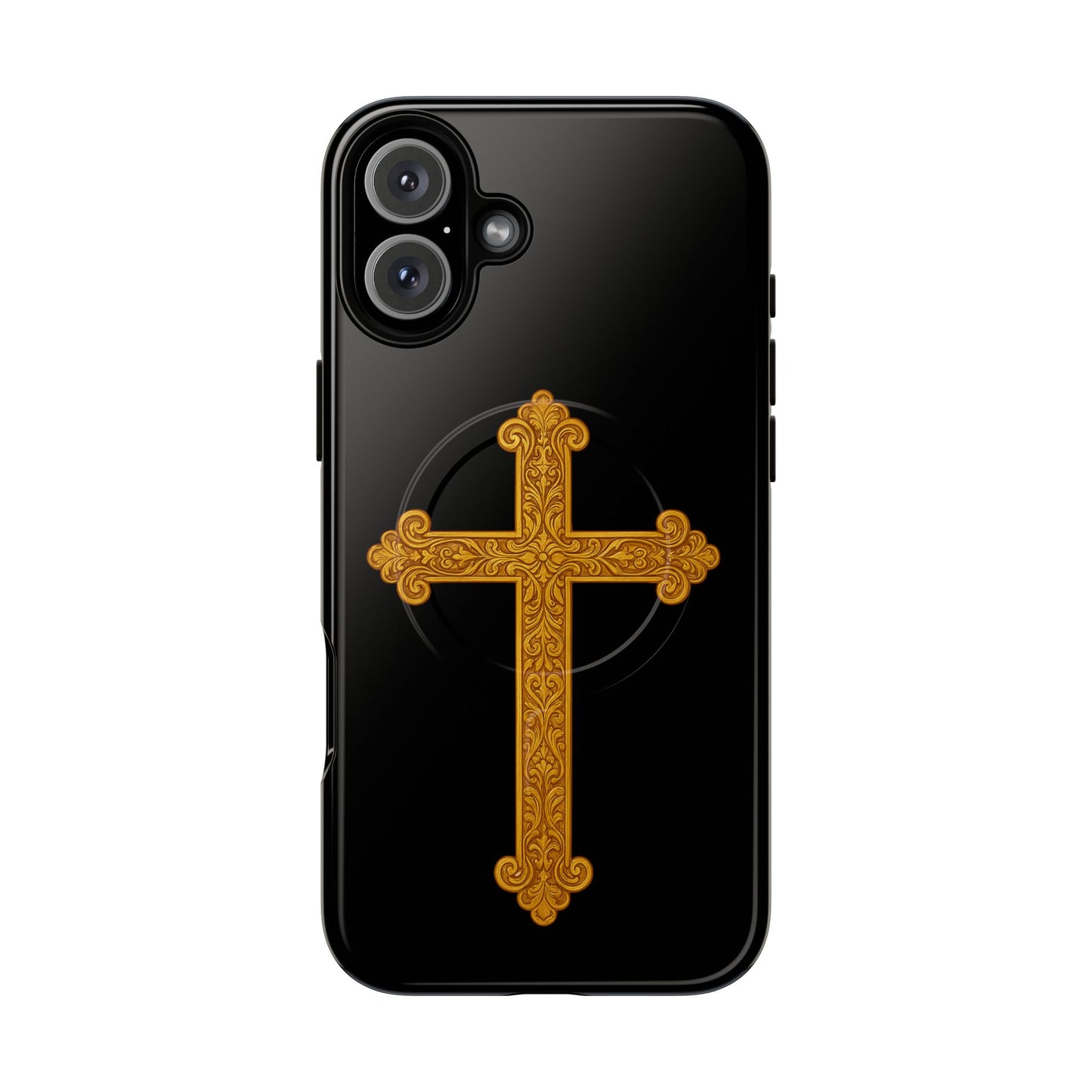 Gold Cross on Black Magnetic Tough Case for iPhone – Strength in Faith