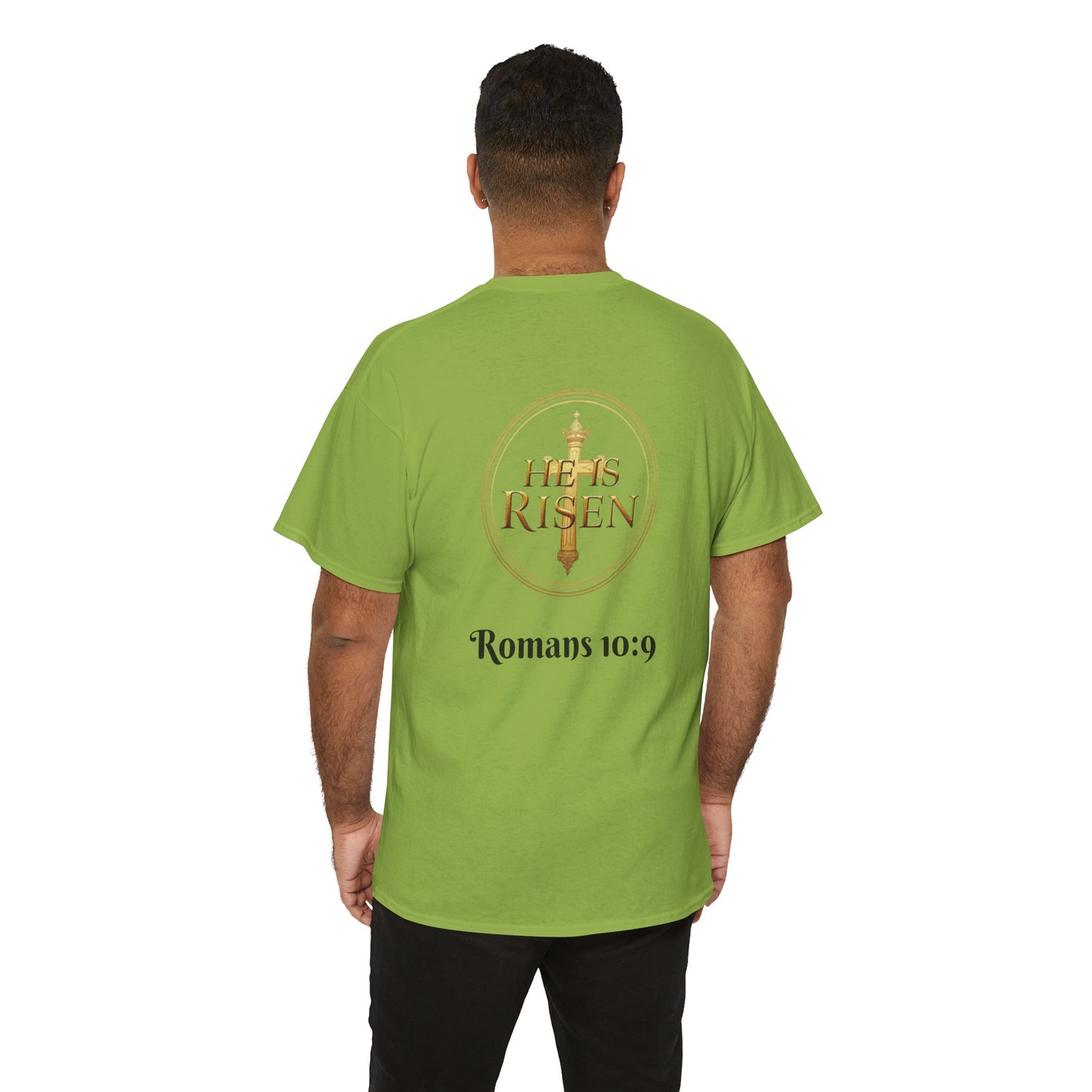 Men’s Romans 10:9 Christian T-Shirt – Jesus Is Lord & He Is Risen (Dark Lettering)