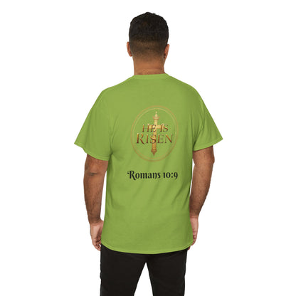 Men’s Romans 10:9 Christian T-Shirt – Jesus Is Lord & He Is Risen (Dark Lettering)