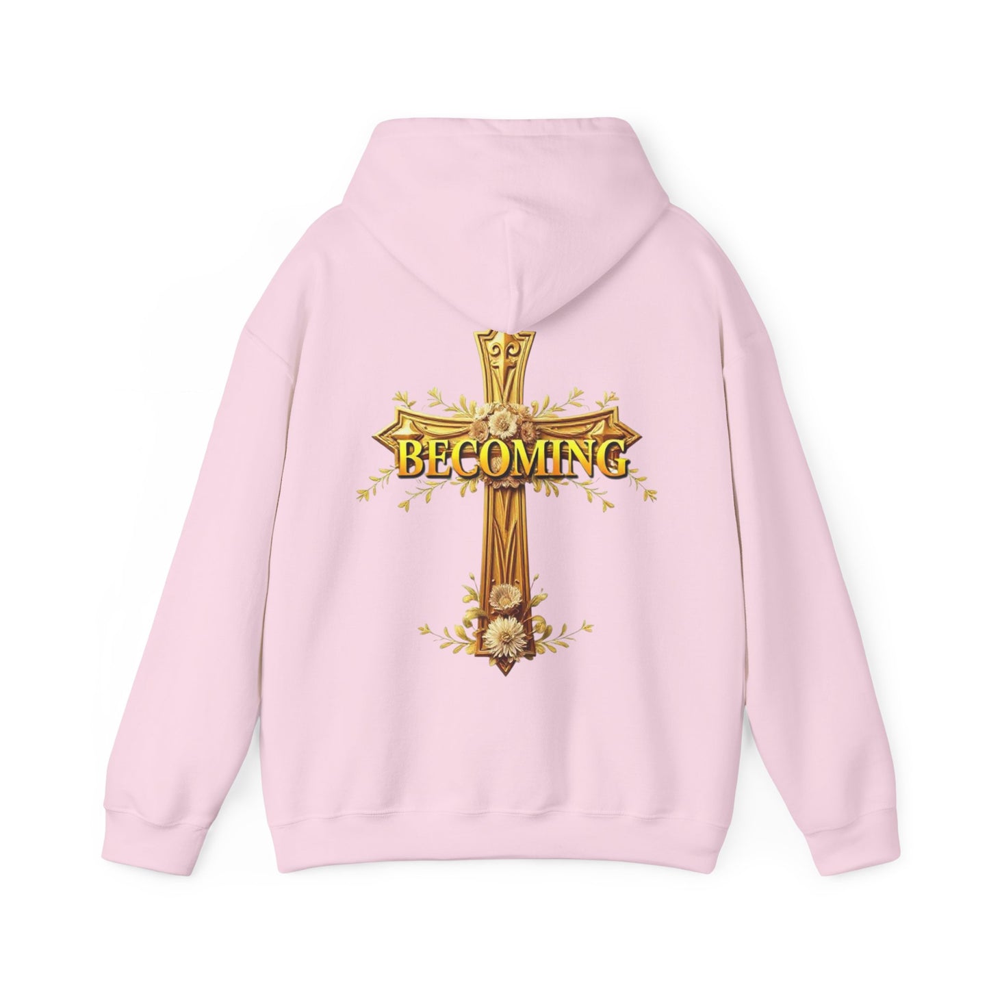 Becoming Women’s Faith Hoodie – Gold Cross Edition (1 Corinthians 15:49)