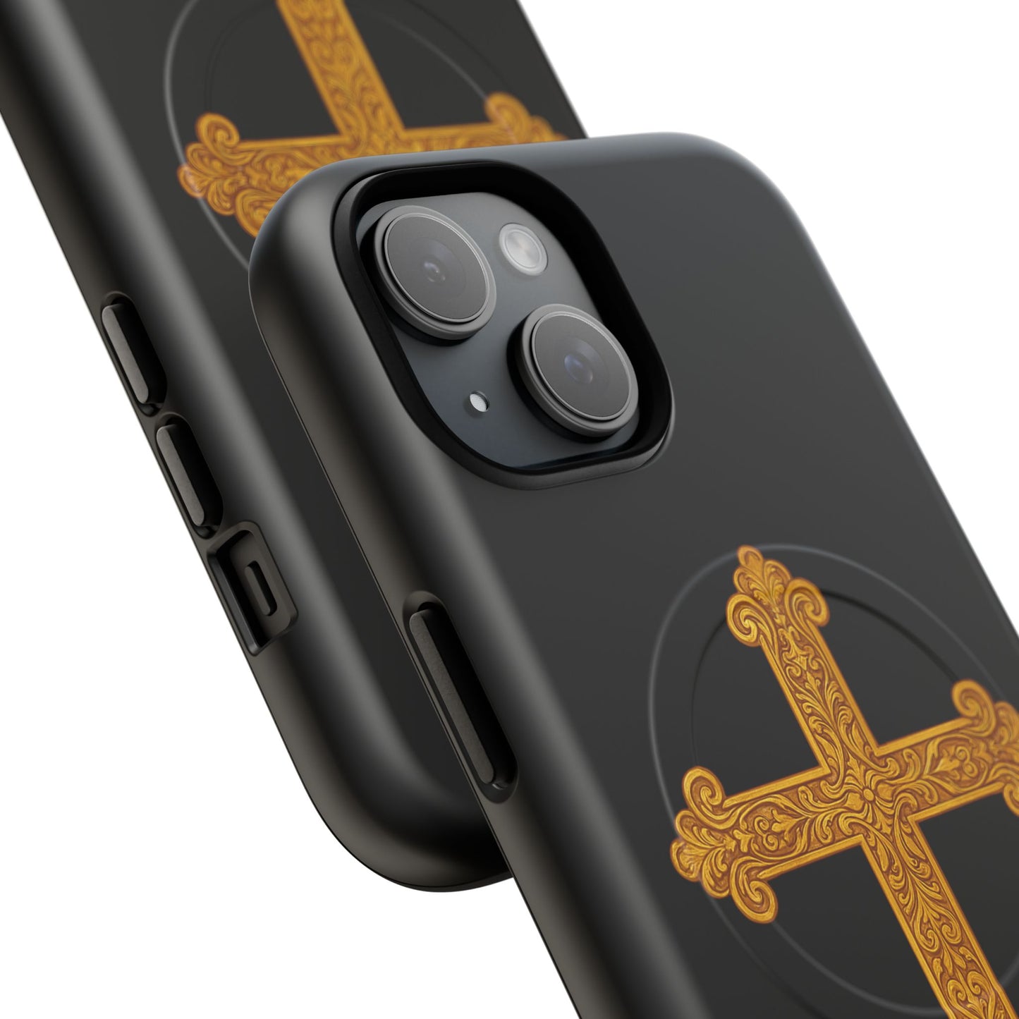 Gold Cross on Black Magnetic Tough Case for iPhone – Strength in Faith