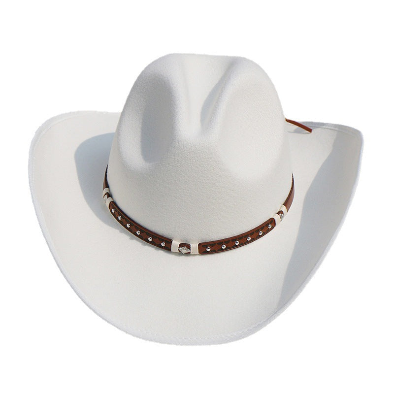 White cowboy hat with a brown band on a white background
