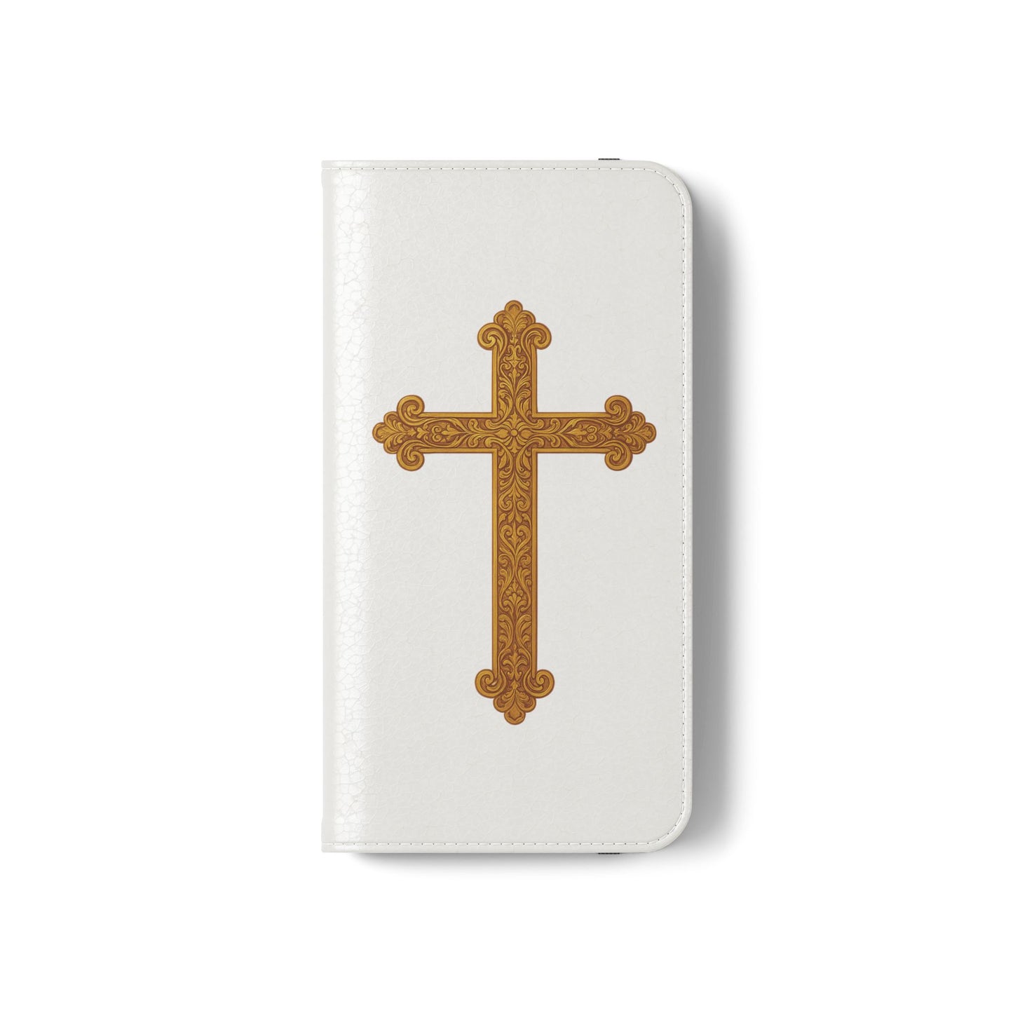 White Wallet Case – Gold Cross with 1 Corinthians 1:18 for iPhones
