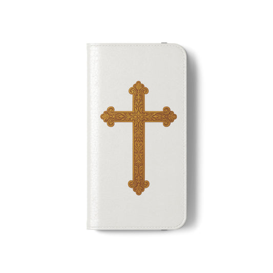 White Wallet Case – Gold Cross with 1 Corinthians 1:18 for iPhones