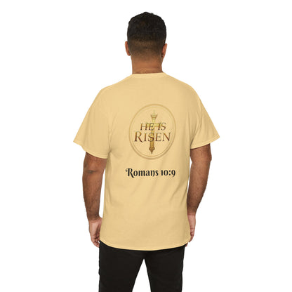 Men’s Romans 10:9 Christian T-Shirt – Jesus Is Lord & He Is Risen (Dark Lettering)
