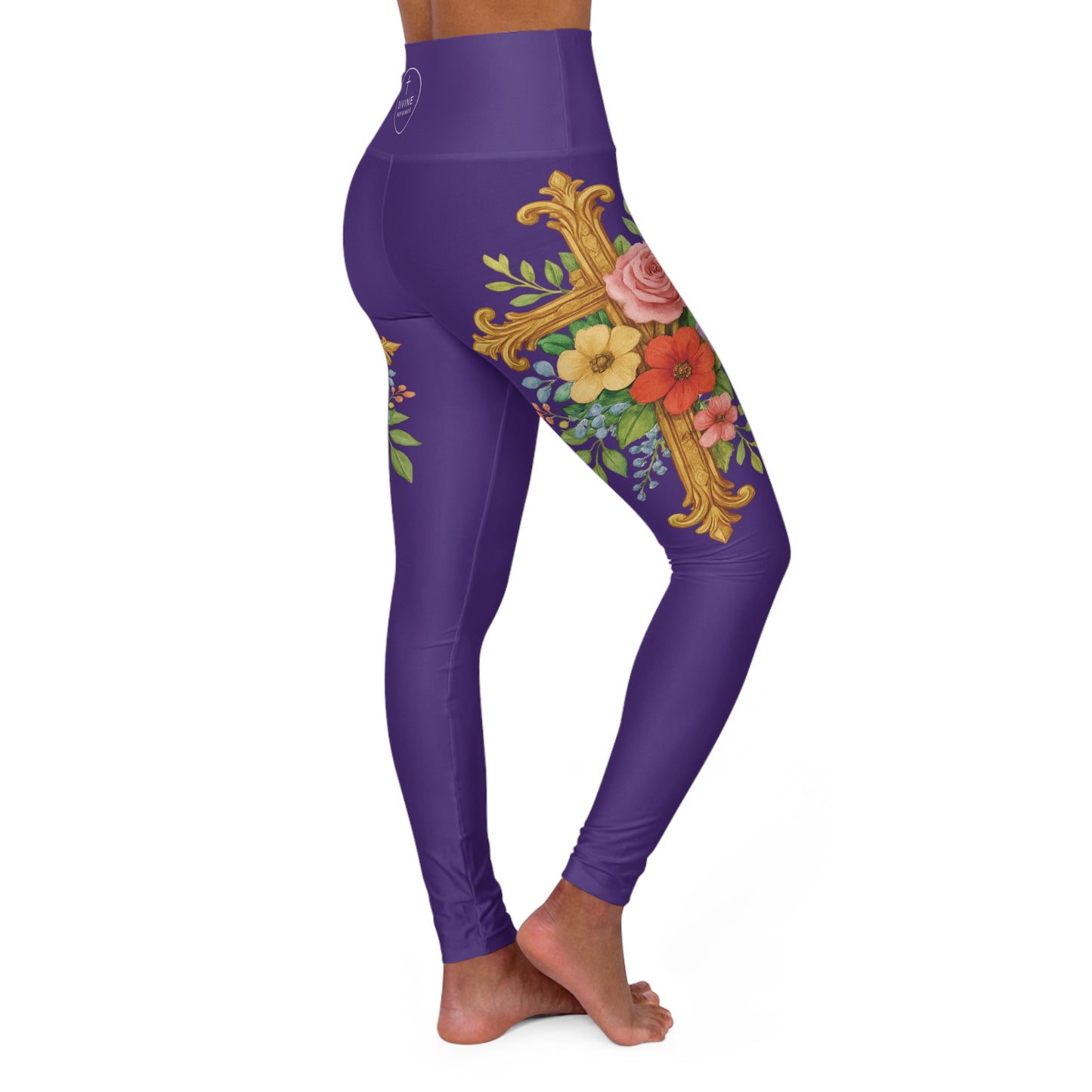 Floral Cross Graceful Fit High-Waisted Leggings in Purple - Christian Women's Apparel