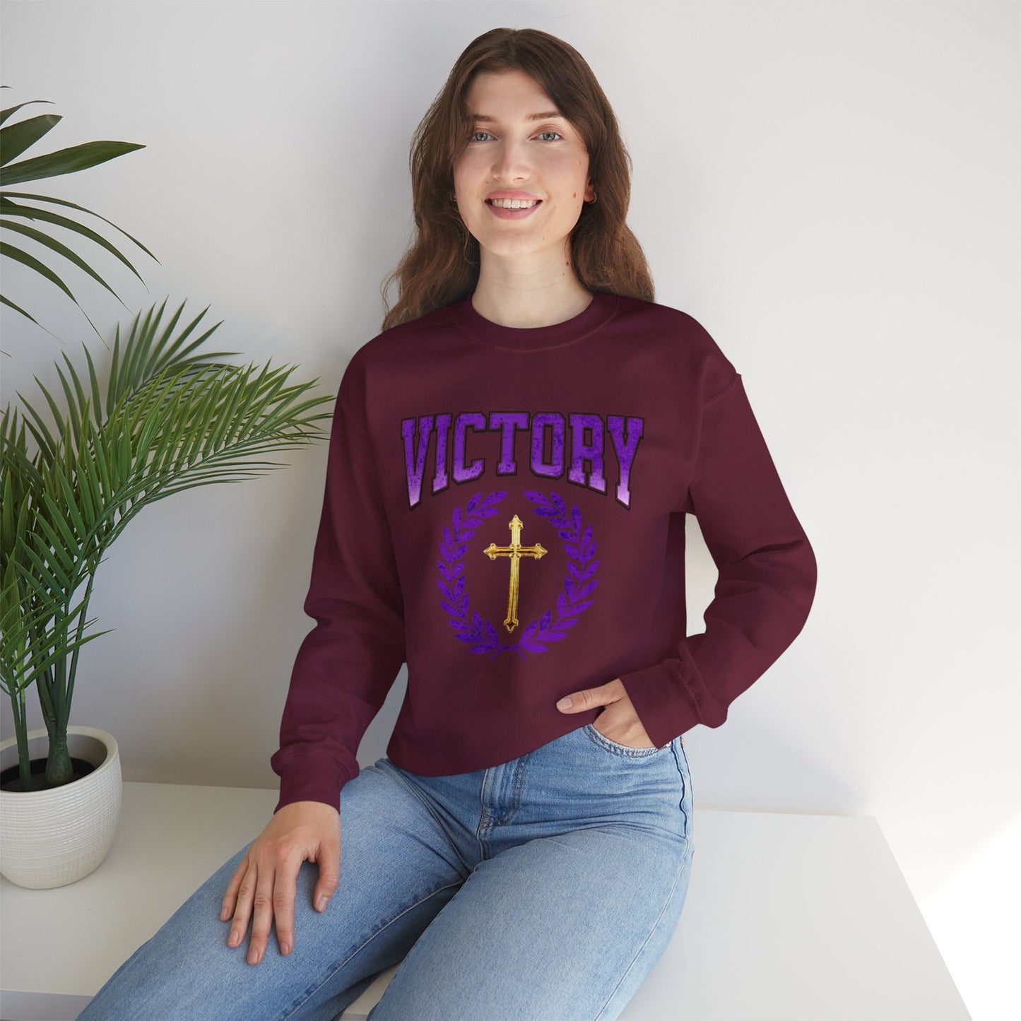Victory Women’s Sweatshirt – Bold Purple Logo, Faith in Comfort