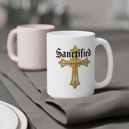 'Sanctified' Christian Cross Mug – 11oz & 15oz Ceramic Faith Cup