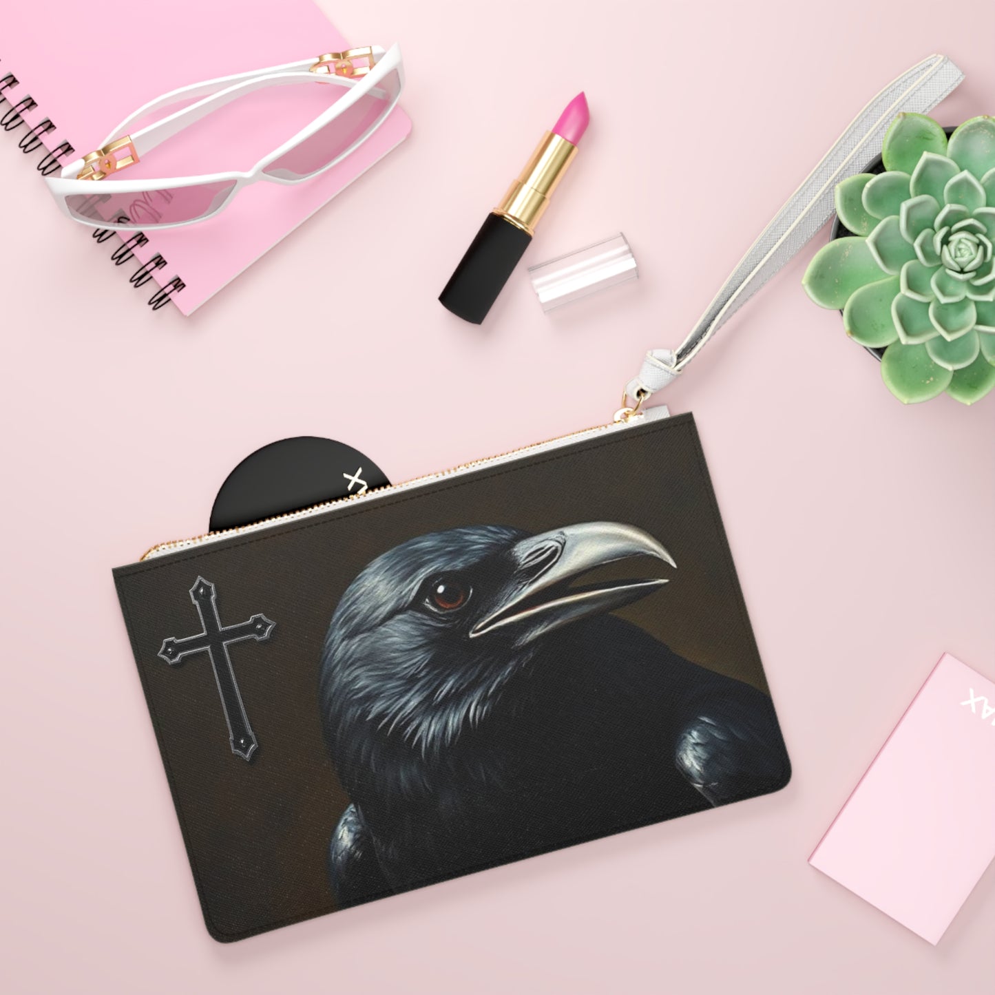 Faith & Shadow Clutch – Black Cross with Crow Portrait