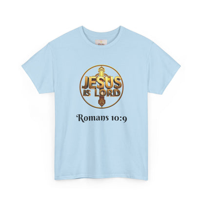 Men’s Romans 10:9 Christian T-Shirt – Jesus Is Lord & He Is Risen (Dark Lettering)