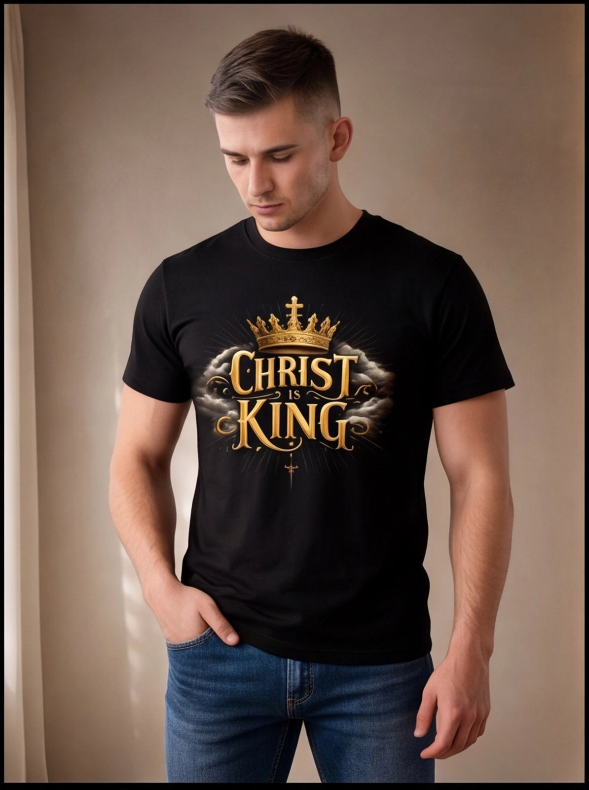 Man wearing a black t-shirt with 'Christ is King' design against a plain background