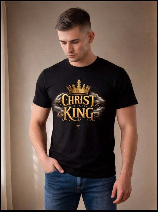 Man wearing a black t-shirt with 'Christ is King' design against a plain background