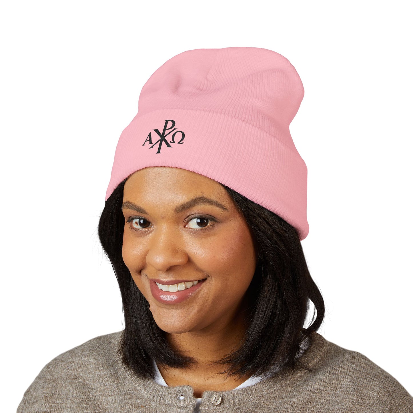 Eternal Light Cuffed Beanie – Black Chi Rho with Alpha & Omega