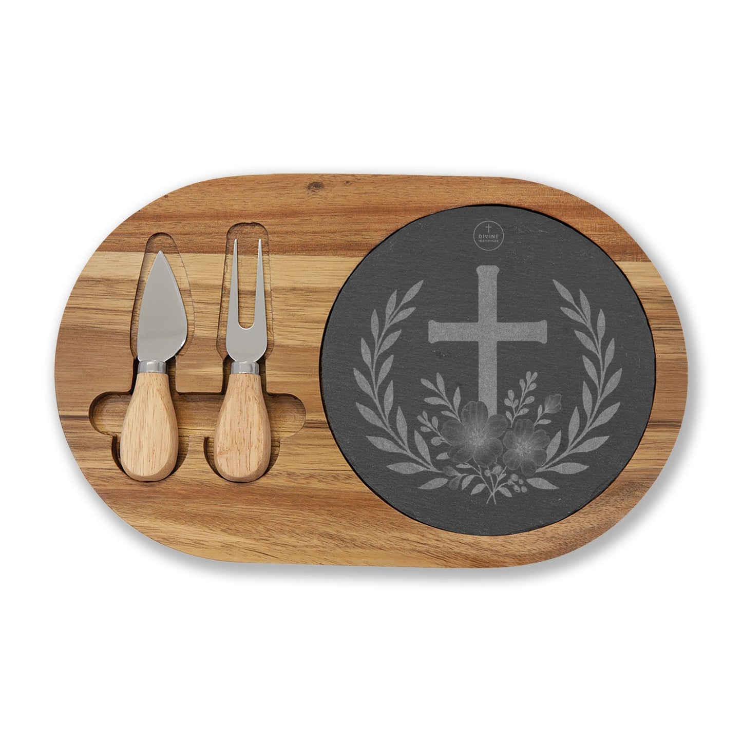 Faith & Grace Charcuterie Board – Cross with Laurel & Flowers