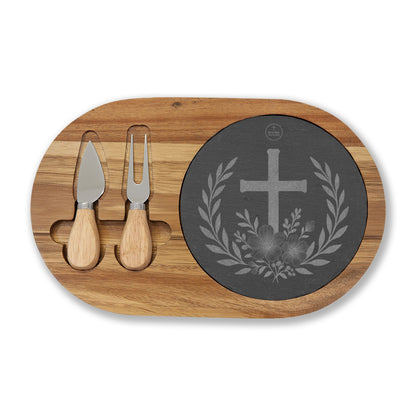 Faith & Grace Charcuterie Board – Cross with Laurel & Flowers