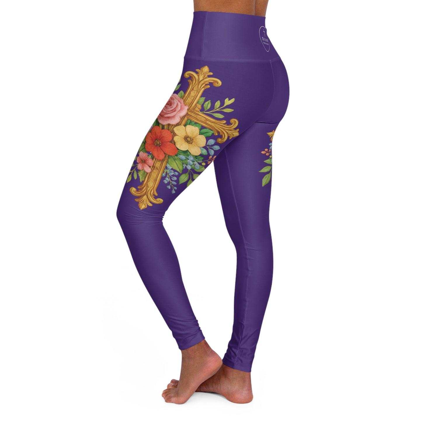Floral Cross Graceful Fit High-Waisted Leggings in Purple - Christian Women's Apparel