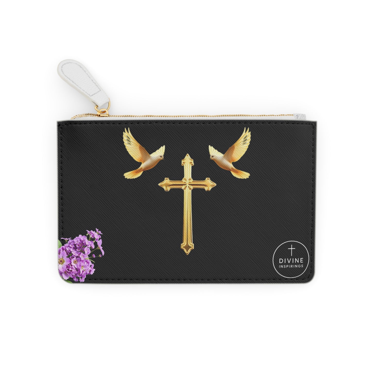 “Heaven’s Embrace” | Women’s Mini Clutch in Black – Gold Cross with Flying Doves