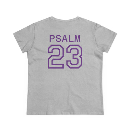 Psalm 23 Women’s Tee – Inspired Sports-Style Shirt (Purple Numbering)