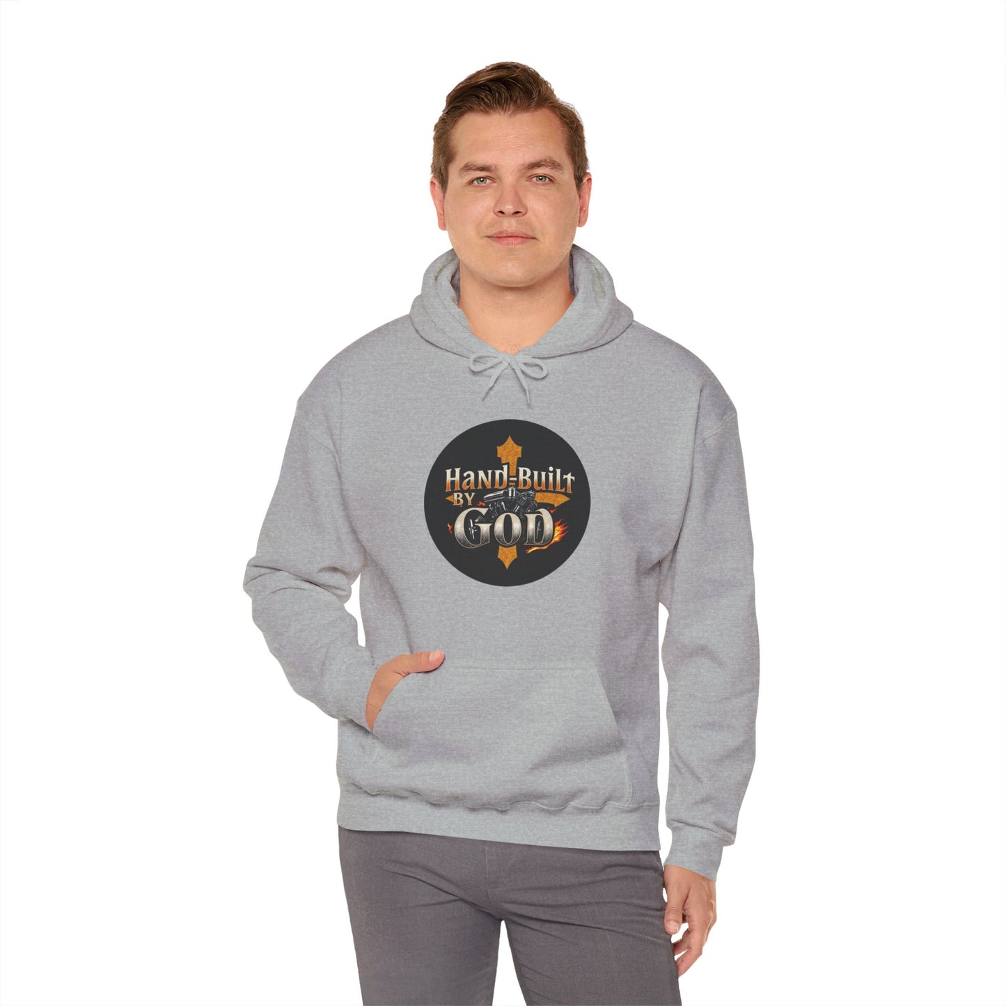 Hand Built by God Men’s Christian Hoodie – Cross & Engine Design