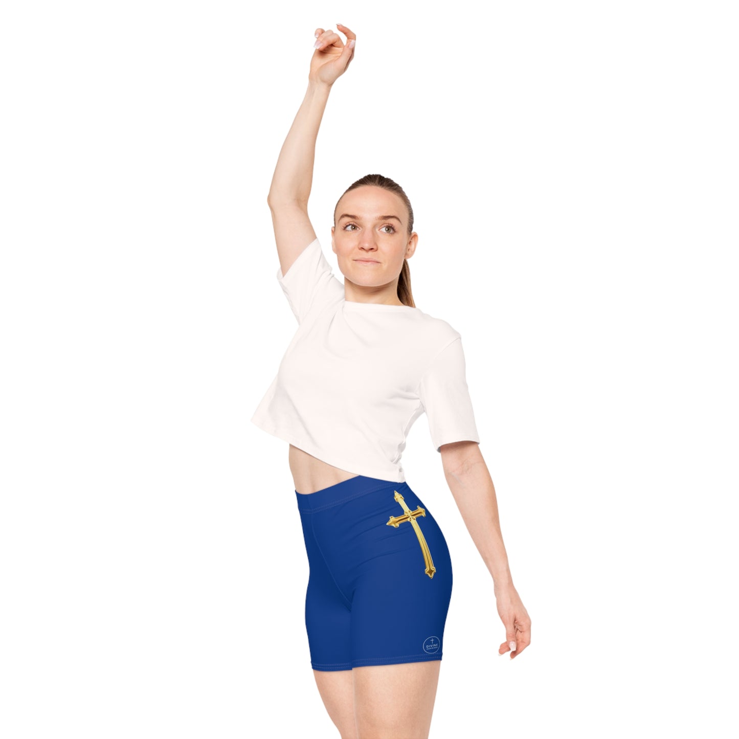 Gold Cross Women’s Biking Shorts in Blue – Symbol of Eternal Victory