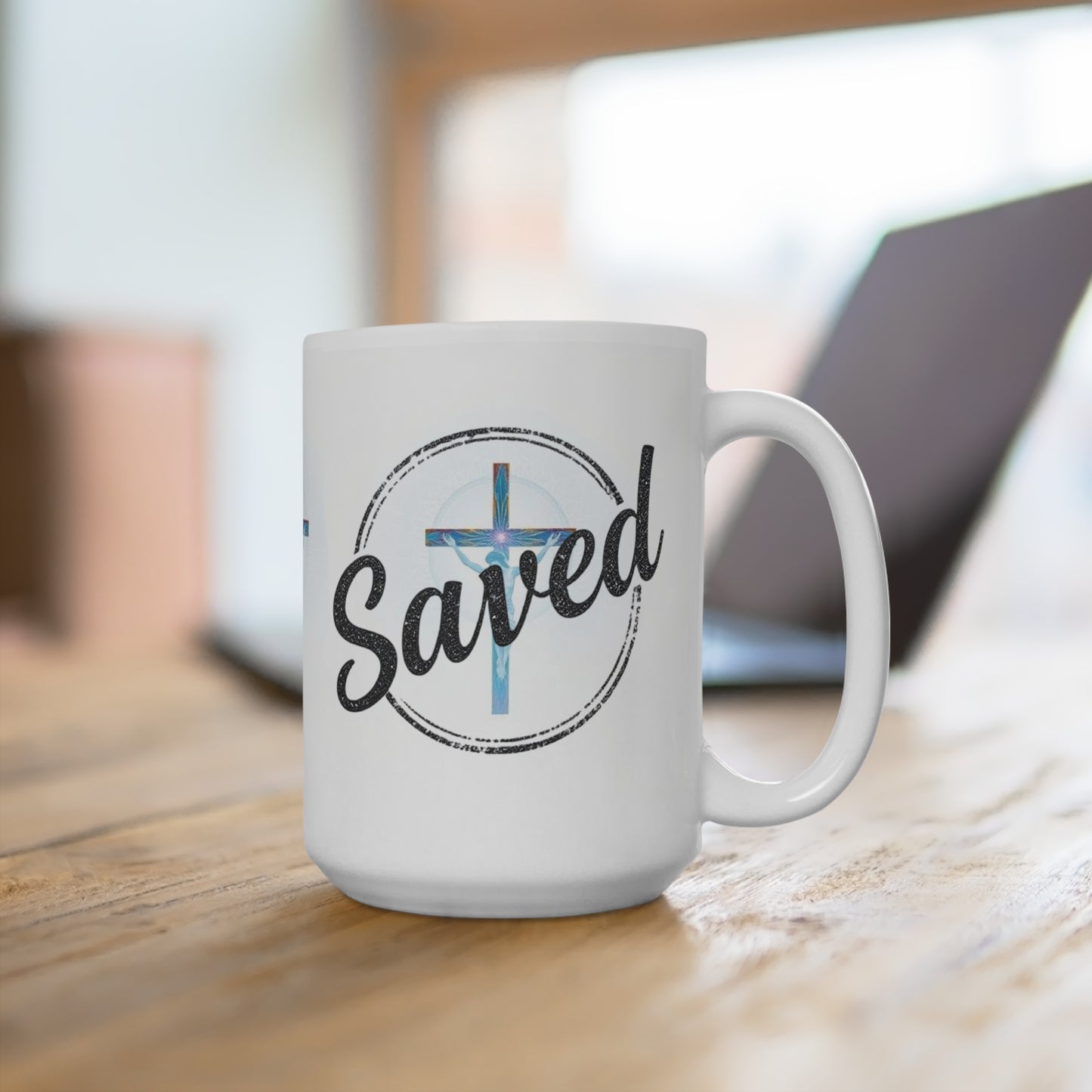 'Saved' Christian Cross Mug – 11oz & 15oz Grace & Salvation Ceramic Cup