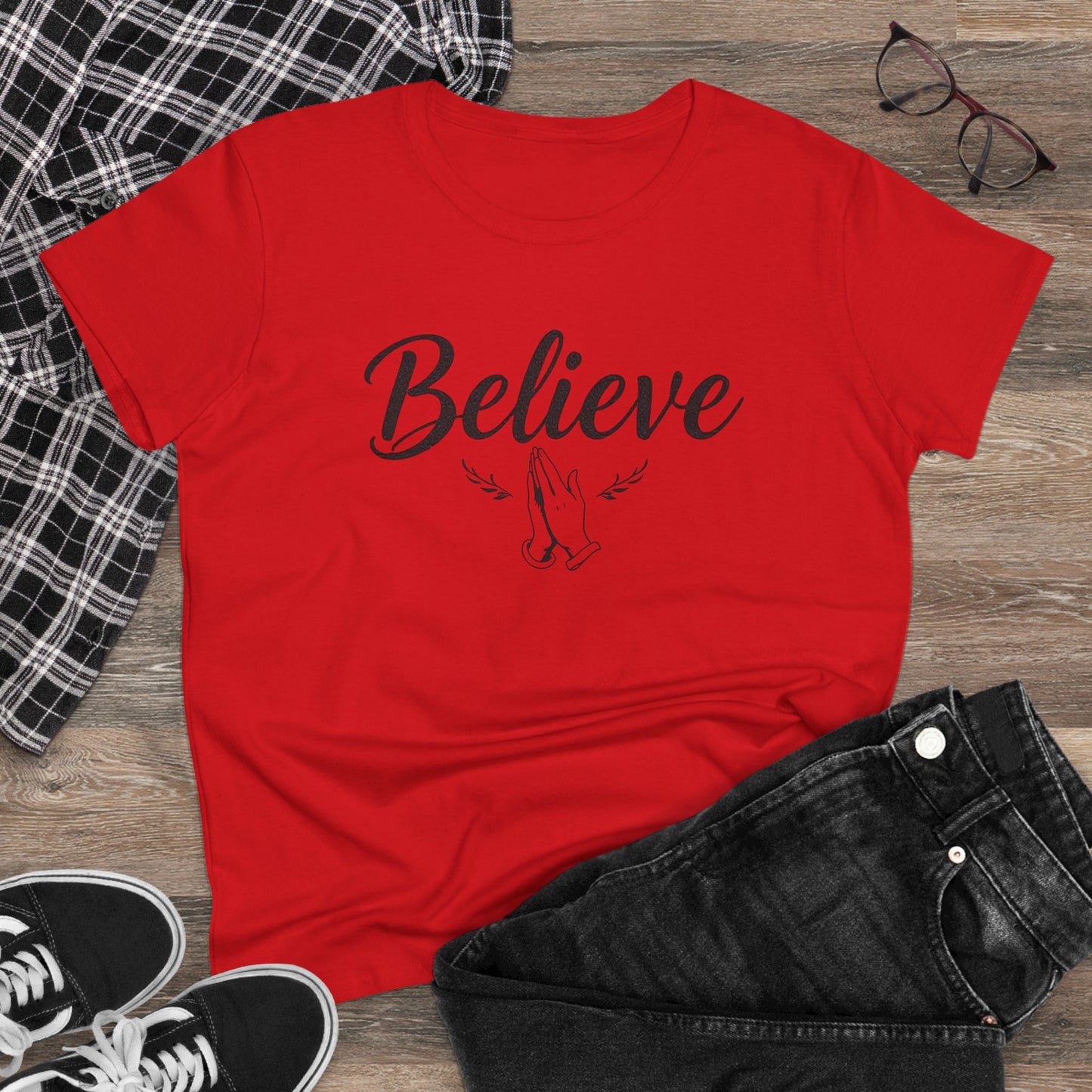 Believe – Women’s Christian Tee with Praying Hands & Romans 10:9