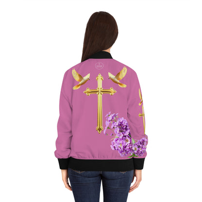 Heavenly Ascent – Gold Cross & Doves Women’s Bomber Jacket in Pink