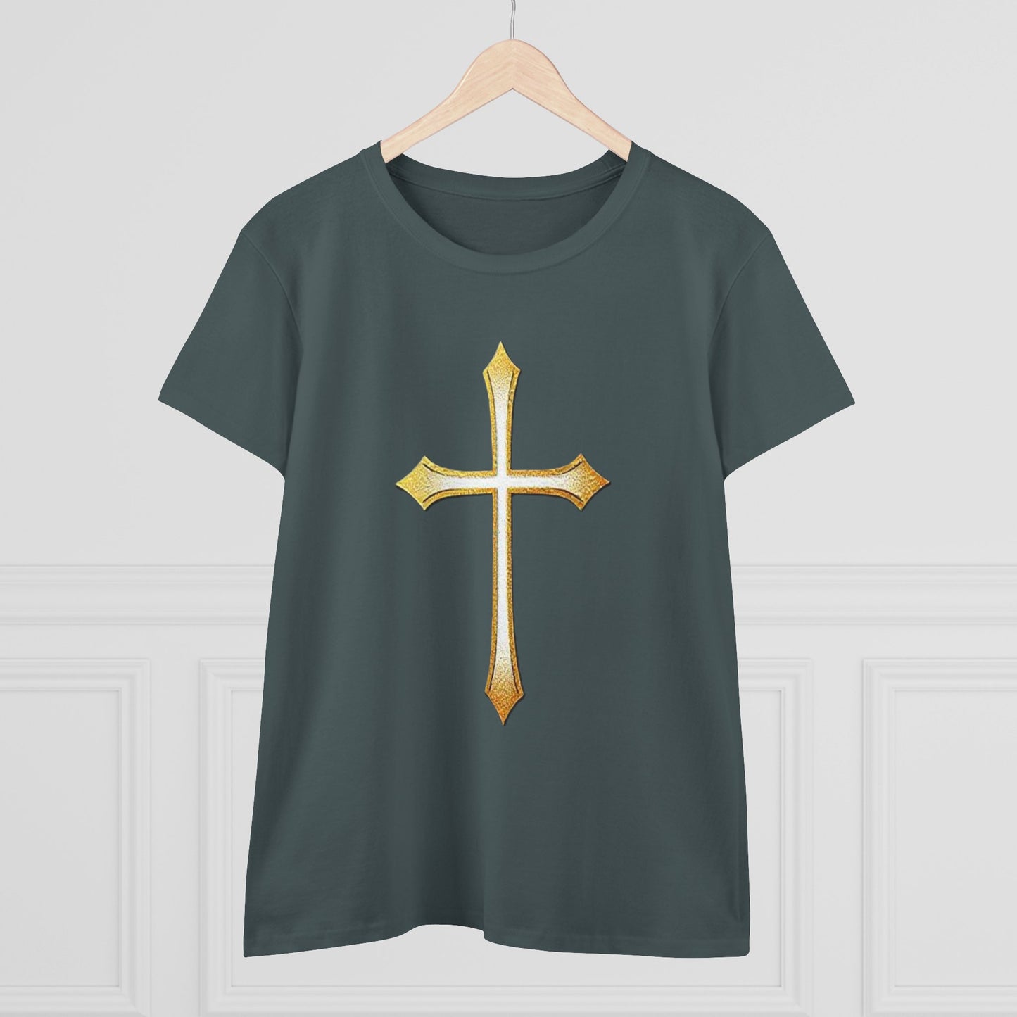 Women’s Gold Cross Tee – Christian Faith Shirt with Bold Cross Design