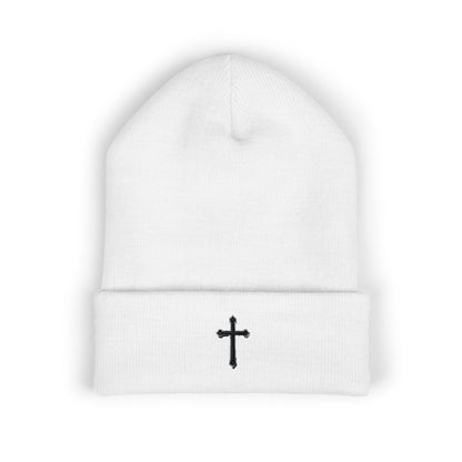 Shadowed Faith Cuffed Beanie – Black Embroidered Cross