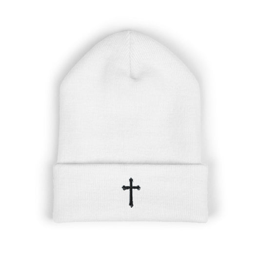 Shadowed Faith Cuffed Beanie – Black Embroidered Cross