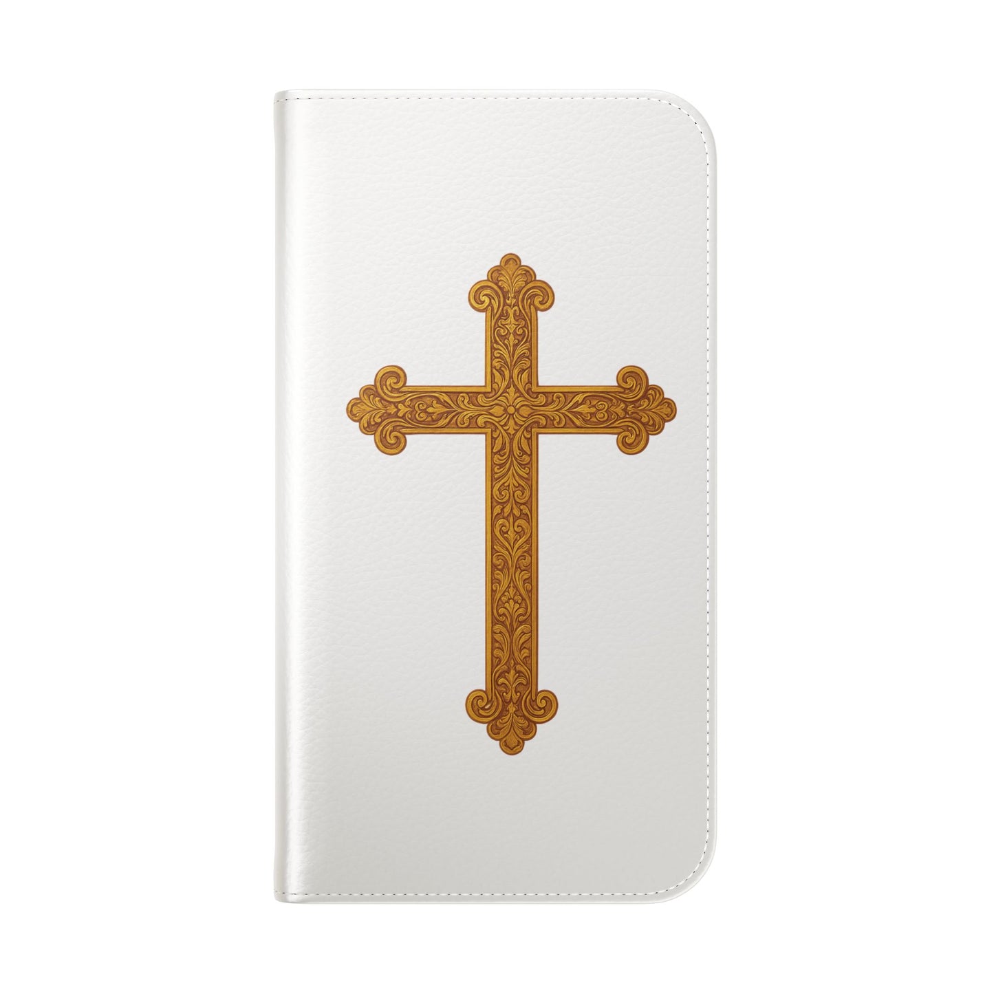 White Wallet Case – Gold Cross with 1 Corinthians 1:18 for iPhones