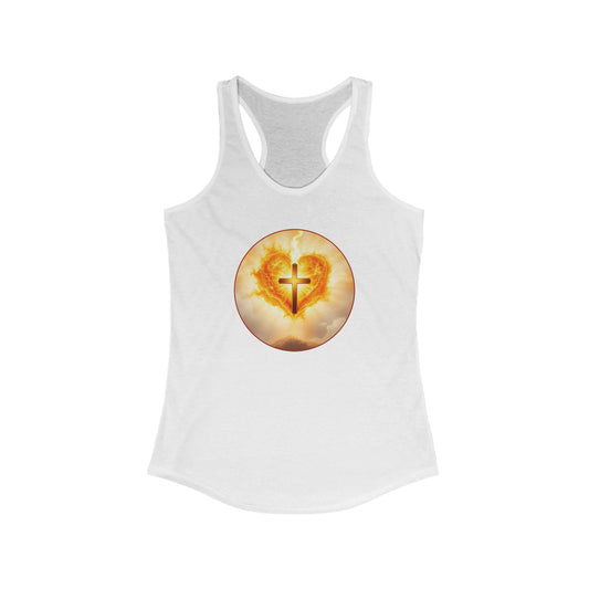 Women’s Sacred Heart Racerback Tank – Flaming Heart & Cross – Faith-Inspired Apparel