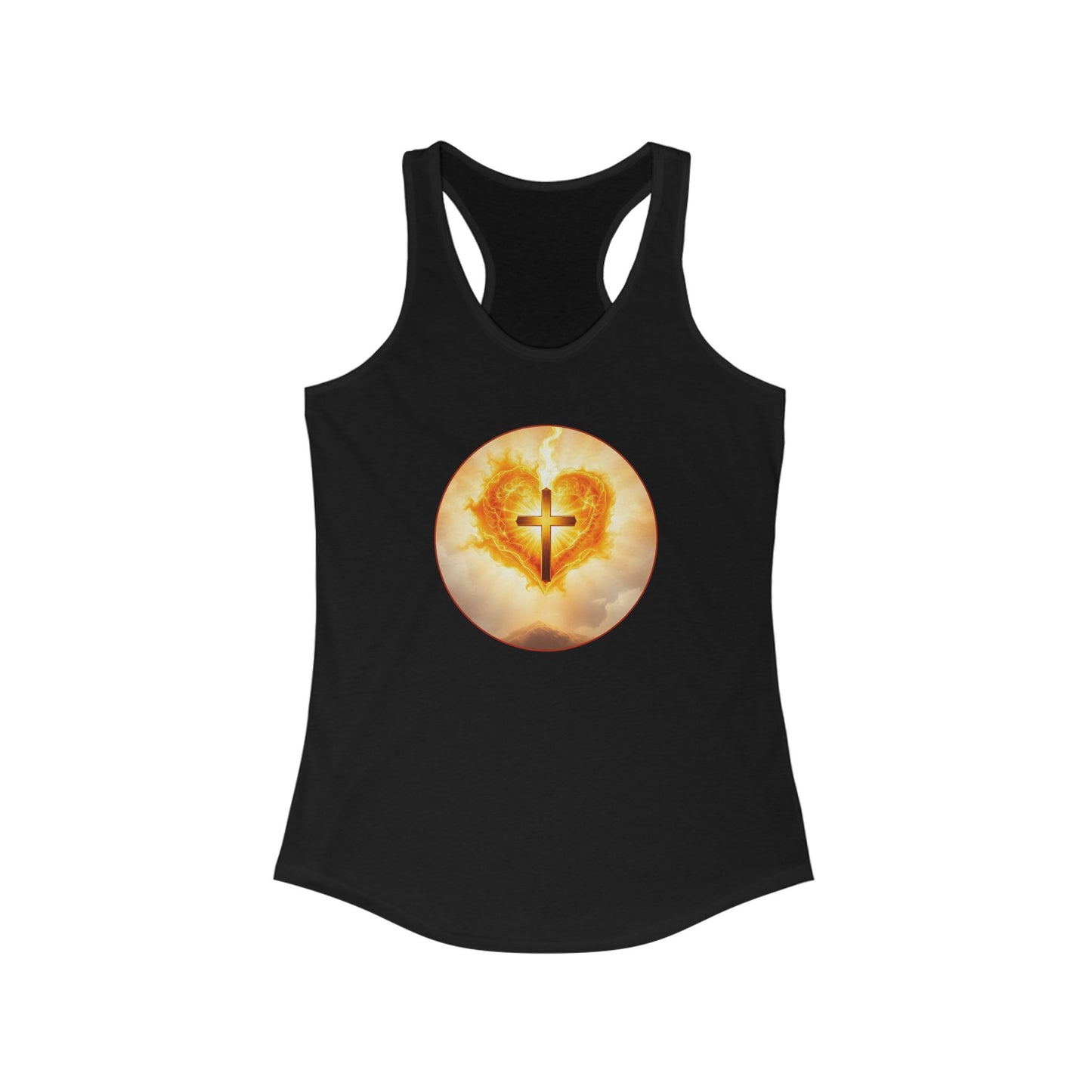 Women’s Sacred Heart Racerback Tank – Flaming Heart & Cross – Faith-Inspired Apparel