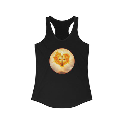 Women’s Sacred Heart Racerback Tank – Flaming Heart & Cross – Faith-Inspired Apparel