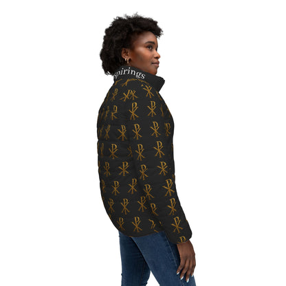 Radiant Victory Women’s Puffer Jacket in Black – Gold Chi Rho Pattern