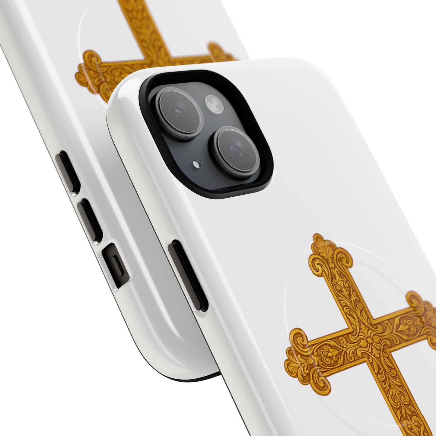 Gold Cross on White Magnetic Tough Case for iPhone – Strength in Faith
