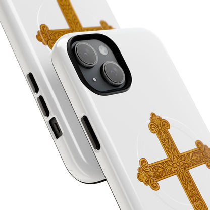 Gold Cross on White Magnetic Tough Case for iPhone – Strength in Faith