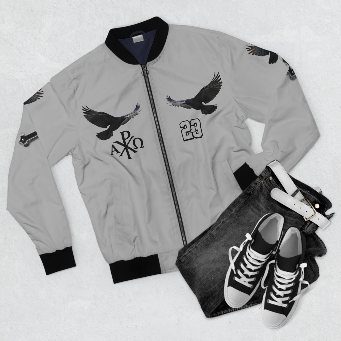 Faithful Guardians – Cross & Crows Men’s Bomber Jacket in Grey