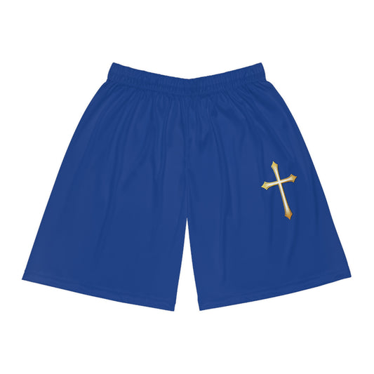 Men’s Modern Gold Cross Basketball Shorts in Blue – Sleek Faith-Inspired Design