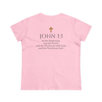 “The Word Eternal” – Women’s Christian Tee with Bold Dark Lettering (John 1:1)