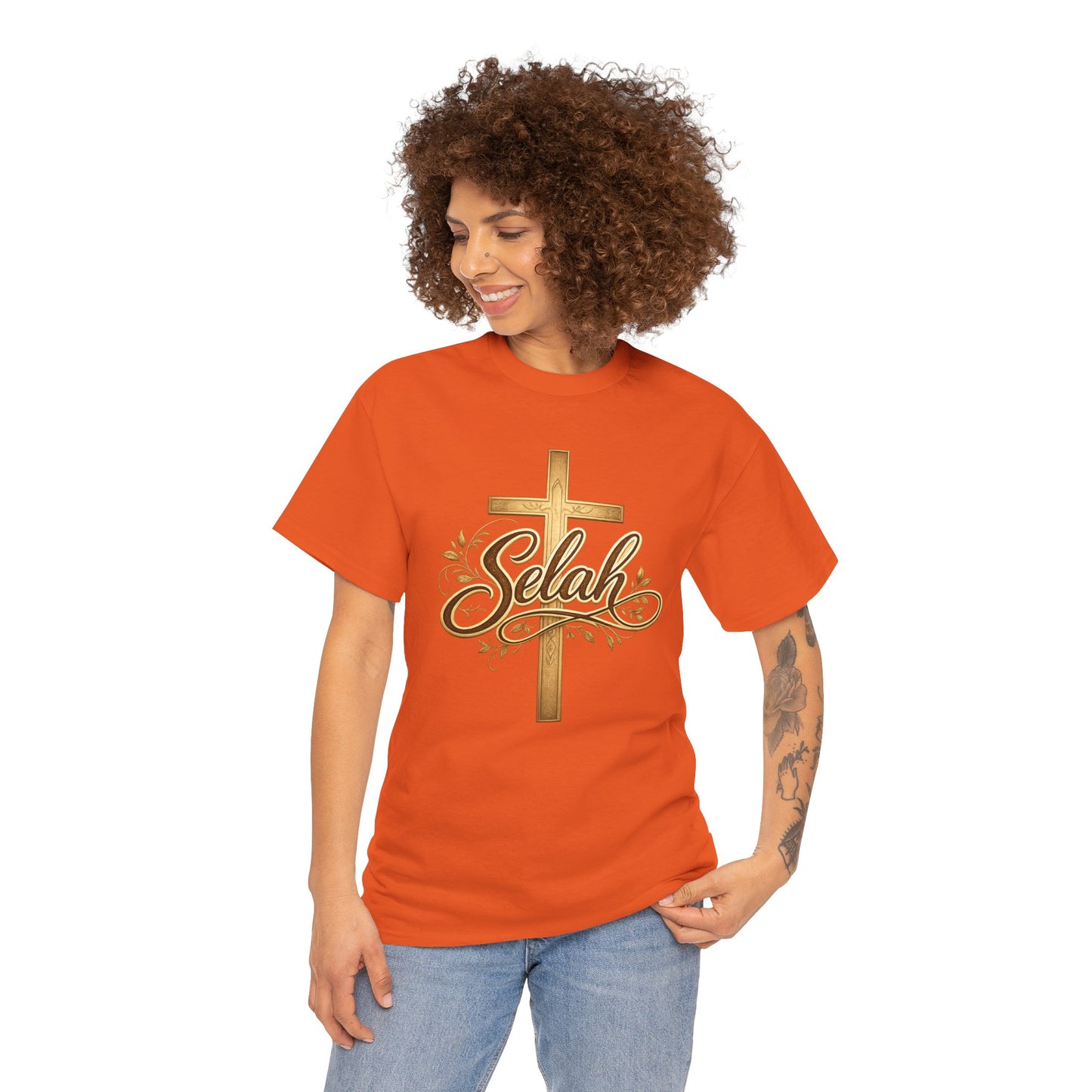 Selah Cross Tee — Women's Christian T‑Shirt with Gold Script