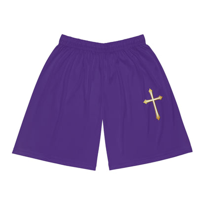 Men’s Modern Gold Cross Basketball Shorts in Purple – Sleek Faith-Inspired Design