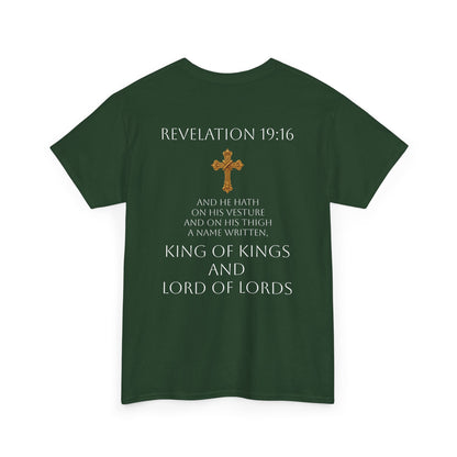 King of Kings, Lord of Lords Men’s Scripture Tee – Christ is King (Revelation 19:16) (White Lettering)