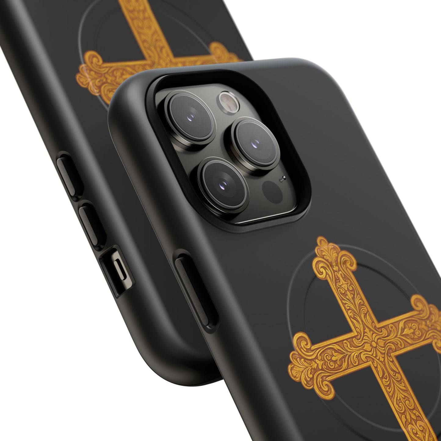 Gold Cross on Black Magnetic Tough Case for iPhone – Strength in Faith