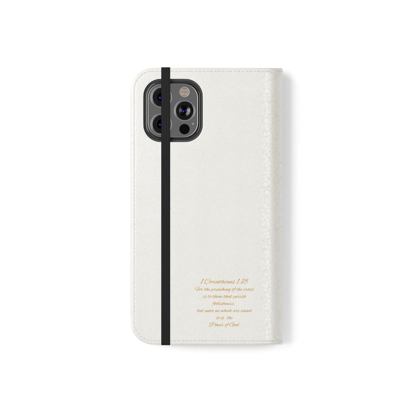 White Wallet Case – Gold Cross with 1 Corinthians 1:18 for iPhones