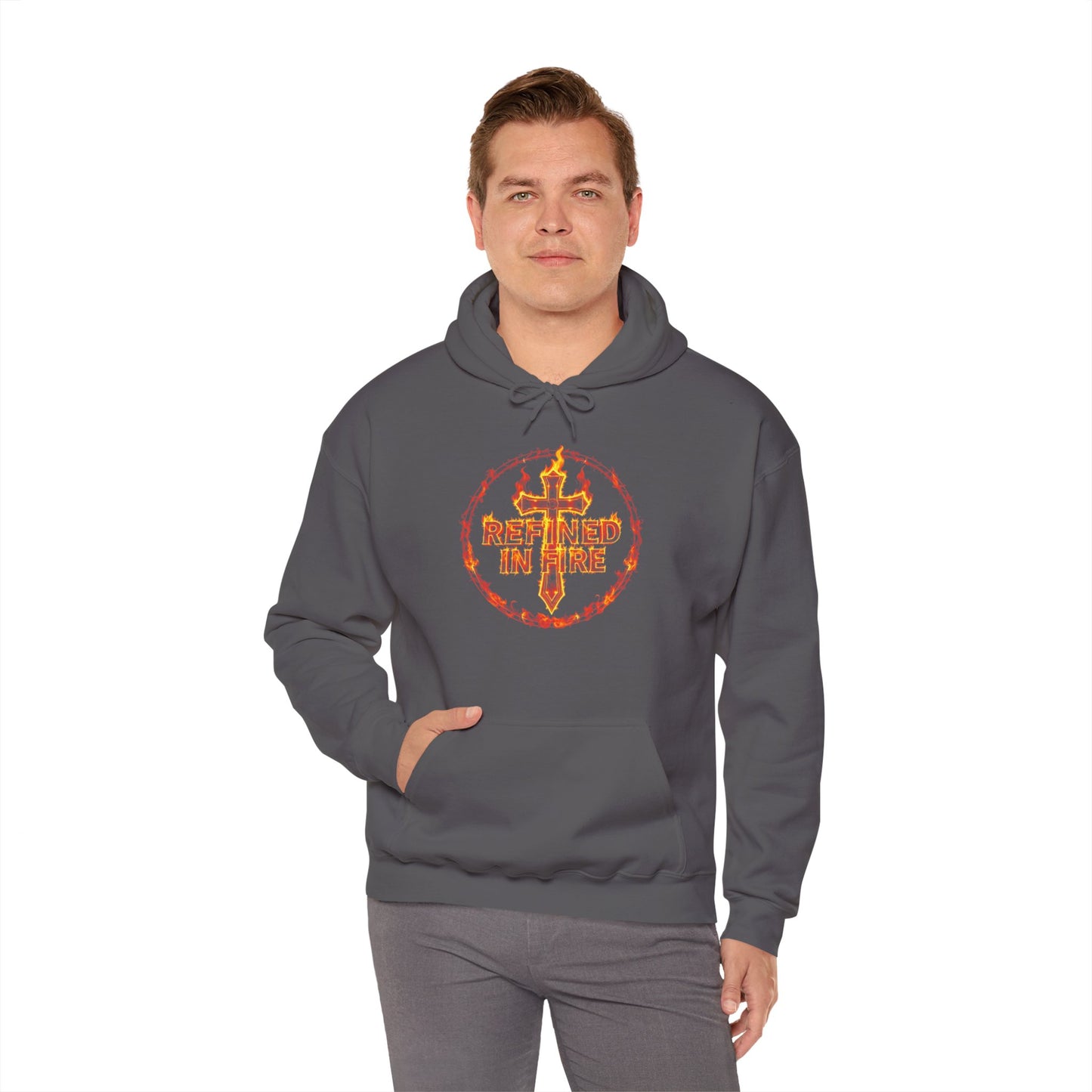 Men’s “Refined in Fire” Christian Hoodie – Flame Design Faith Pullover
