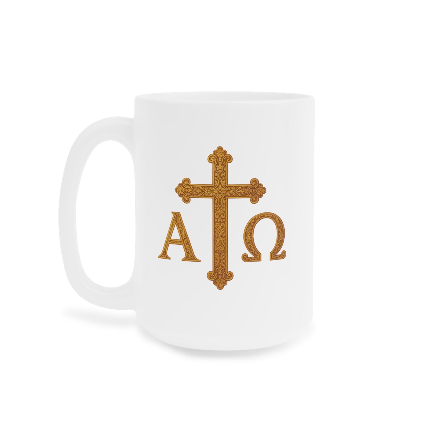 Alpha & Omega Gold Cross Mug – Faith in Every Sip