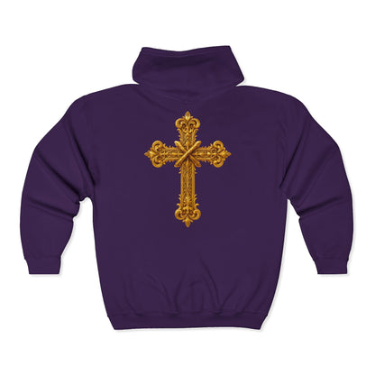 Men’s Ornate Gold Cross Zip-Up Hoodie – Spiritual Elegance & Comfort