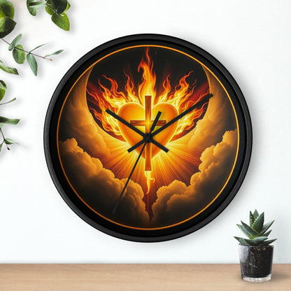 Flaming Heart & Cross Wall Clock – Passionate Faith Decor