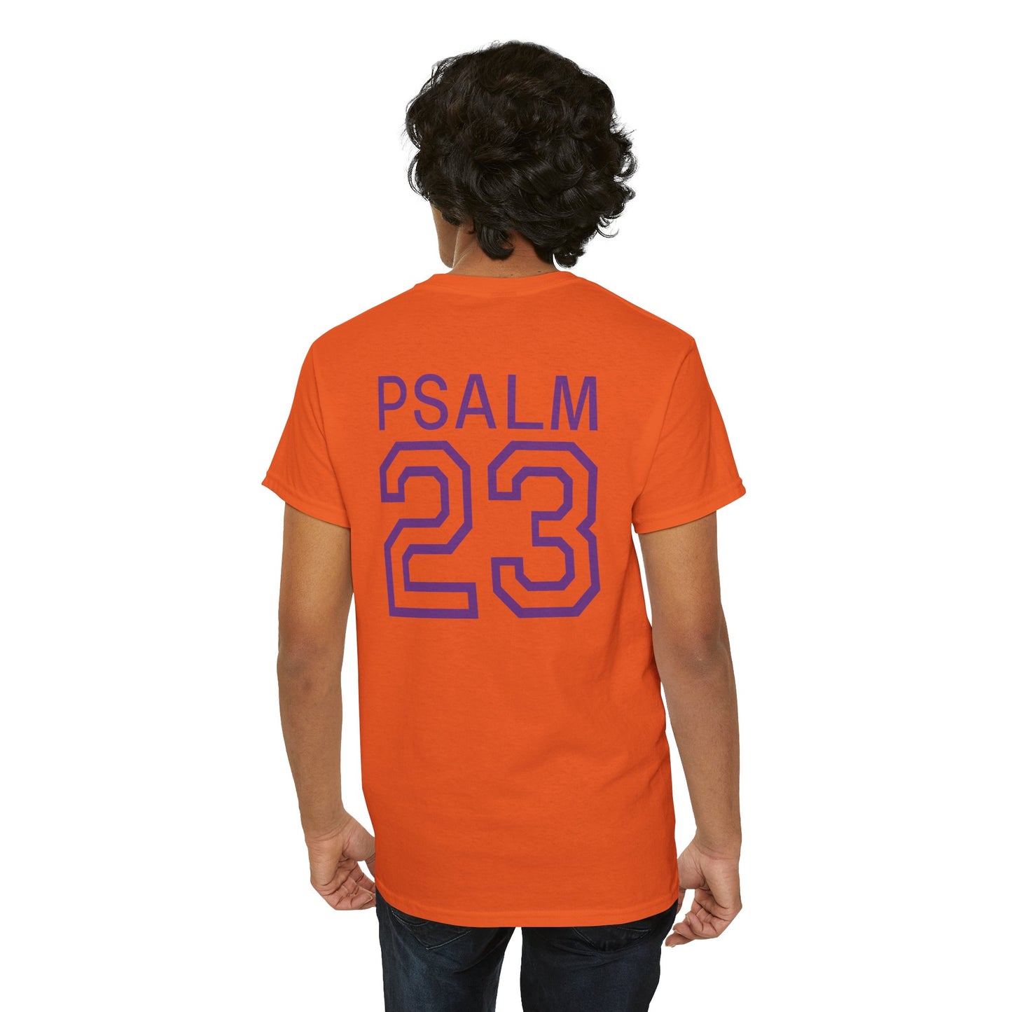 Psalm 23 Men’s T-Shirt – Inspired Sports-Style Shirt (Purple Lettering)